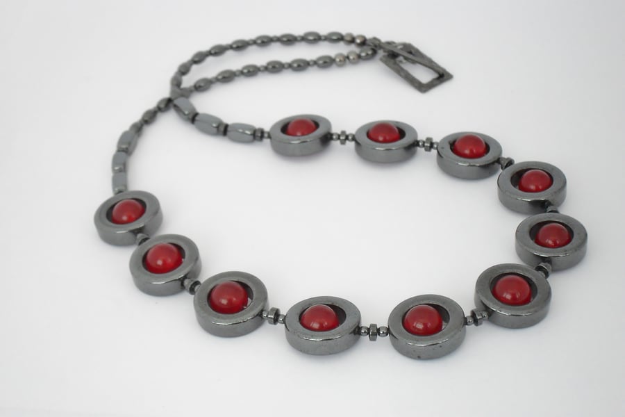 Hematite & red jade necklace