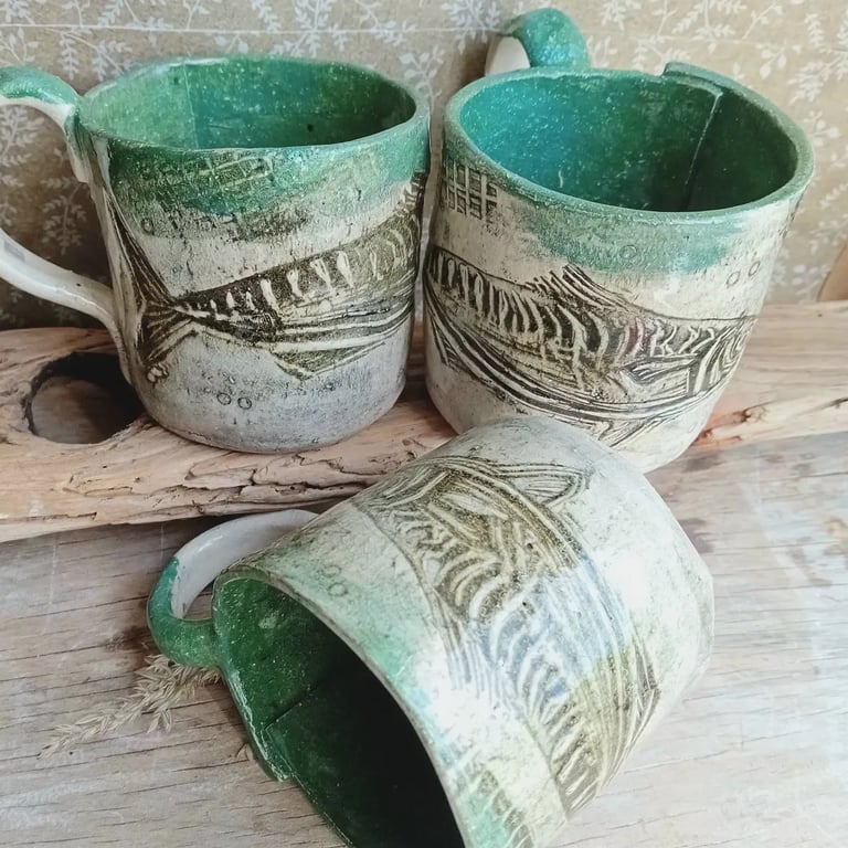 mackerel teal tea cup - stoneware ceramic pottery smaller cup mug