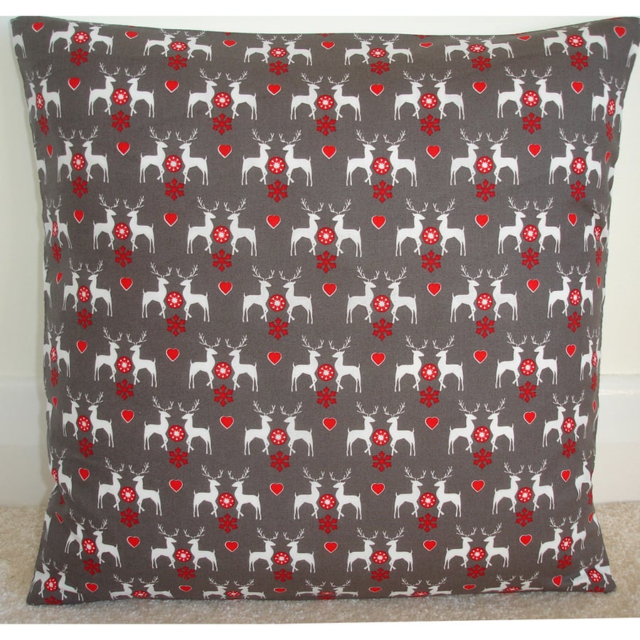 Christmas Reindeer and Hearts Cushion Cover
