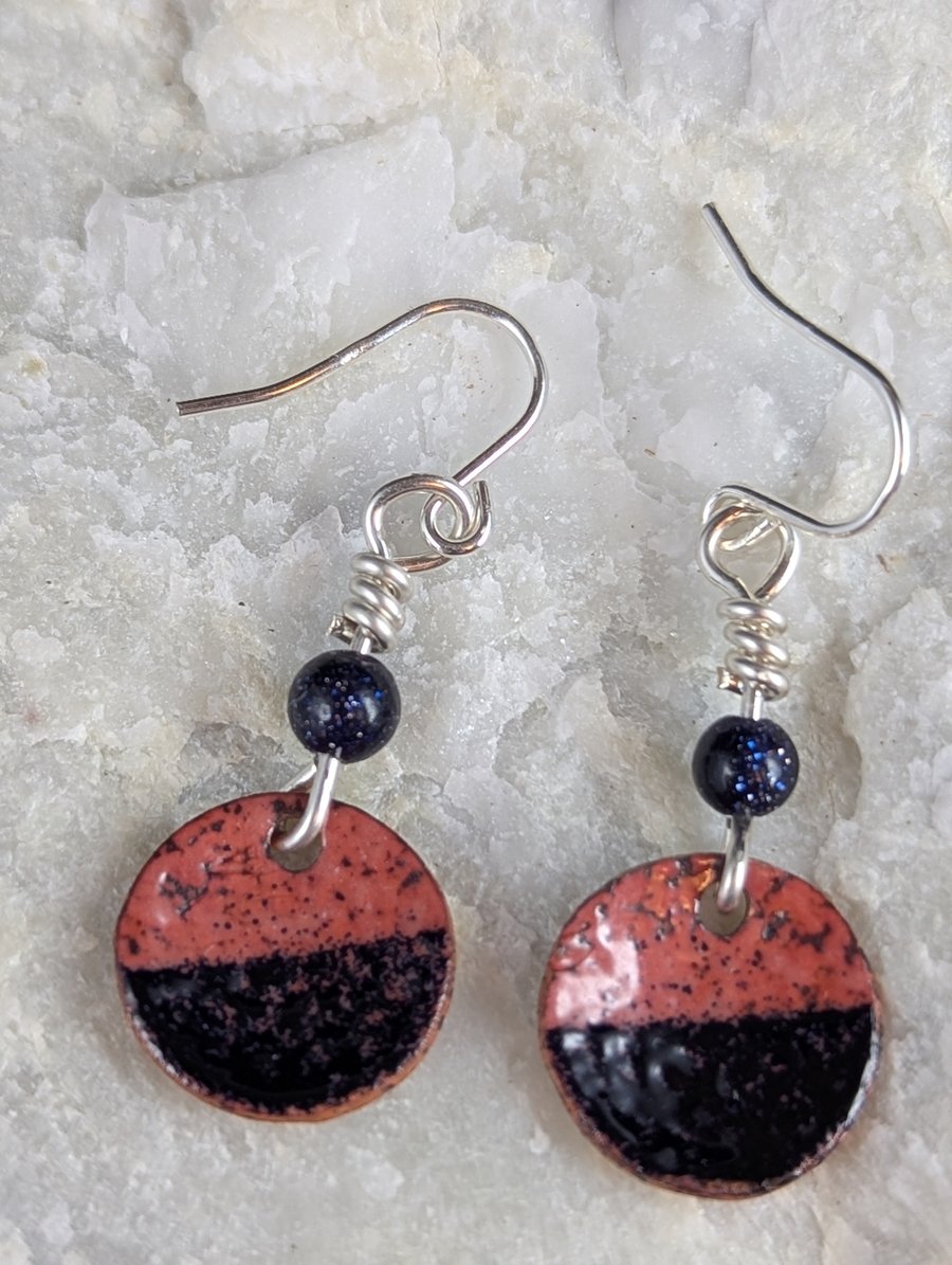 Black and Red earrings, on copper with blue sandstone bead