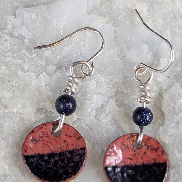 Black and Red earrings, on copper with blue sandstone bead