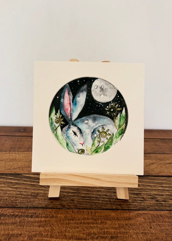 Mounted Circular Resting Hare under Full Moon Whimsical Original Watercolour 