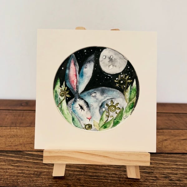 Mounted Circular Resting Hare under Full Moon Whimsical Original Watercolour 