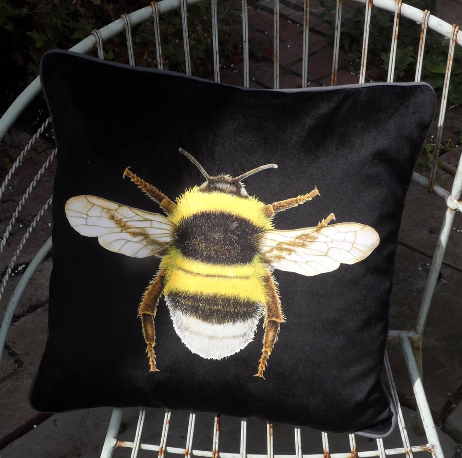 Insect cushion .Bold Bee in black velvet and linen.