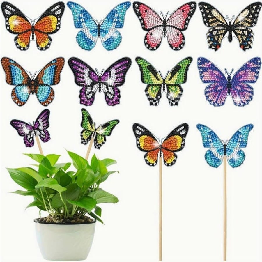 8pcs 5D Butterfly Diamond Painting Kit Plant Pot Stakes DIY Diamond Flower Pot S
