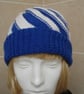 Hand Knitted Blue White Reversable Twist Hat Hand Knitted (J94) - Image 1