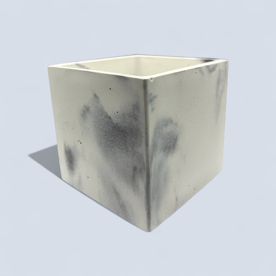 Handmade Marbled Cube Plant Pot – White Snowcrete Cement 10 cm Indoor Planter