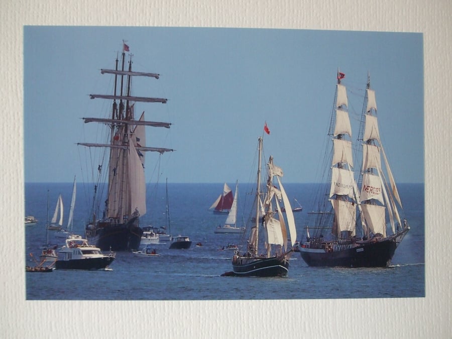 Photographic greetings card of Tall Ships :- Gulden Leeuw, Iris, and Mercedes.