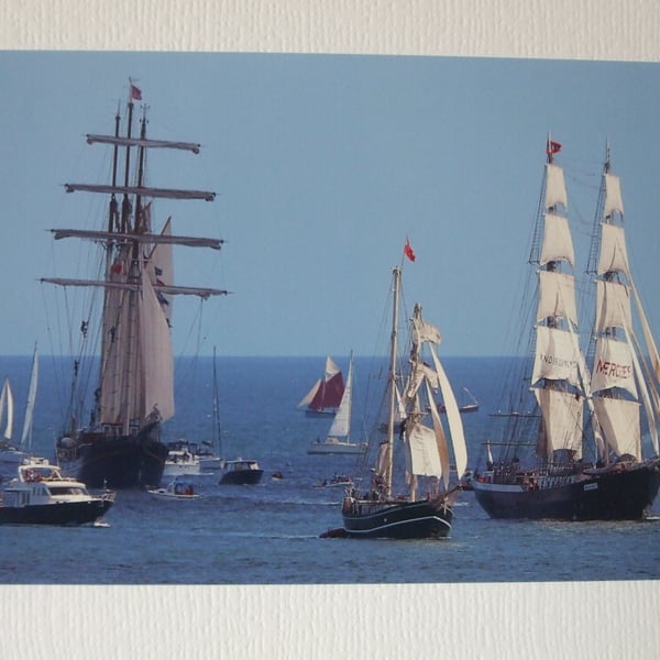 Photographic greetings card of Tall Ships :- Gulden Leeuw, Iris, and Mercedes.