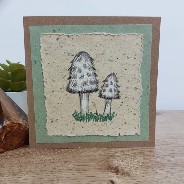 Hand Painted Blank Fungi Greetings Card. Shaggy Ink Cap. Fungi Lovers.
