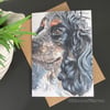 Cocker Spaniel Art Card, Blank for Any Occasion. Tri-colour black and tan roan 