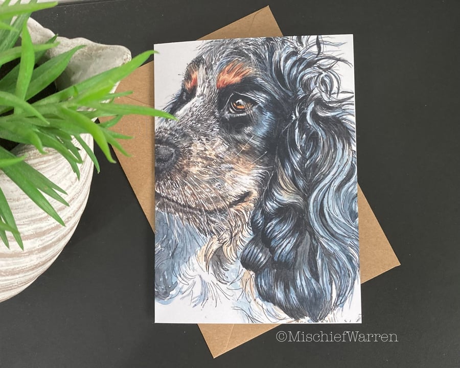 Cocker Spaniel Art Card, Blank for Any Occasion. Tri-colour black and tan roan 