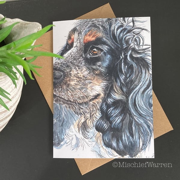 Cocker Spaniel Art Card, Blank for Any Occasion. Tri-colour black and tan roan 
