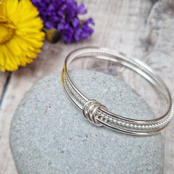 Sterling Silver Triple Bangle, Bangle Set, Beaded, Smooth - Hallmarked