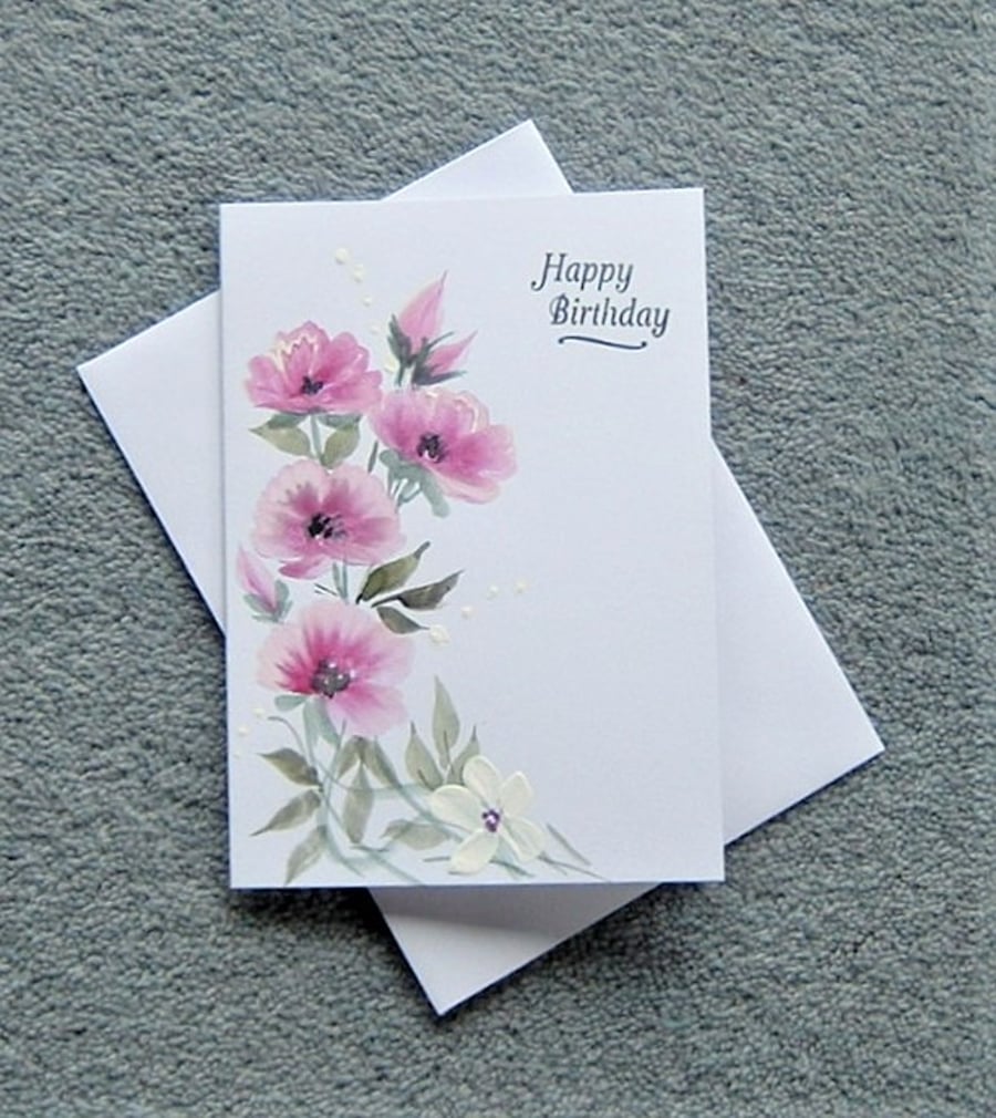 birthday card hand painted pink floral greetings card ( ref F 187 )