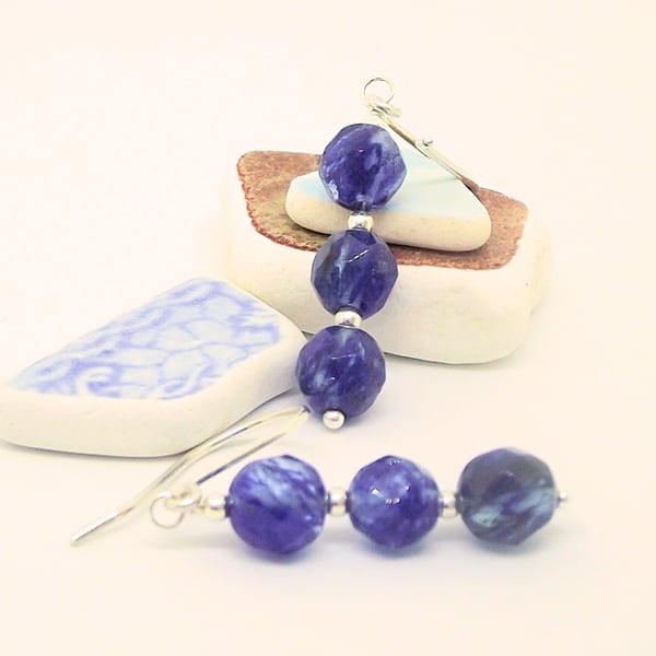 Blue quartz three bead earrings