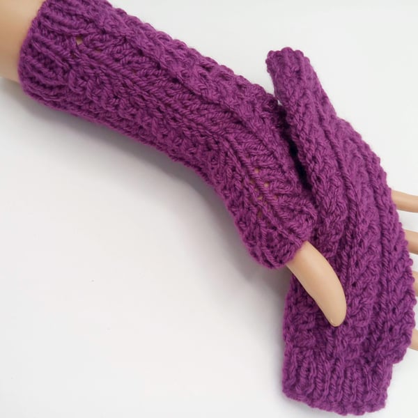 Children's Purple Lacy Fingerless Mittens, Children's Knitted Mittens