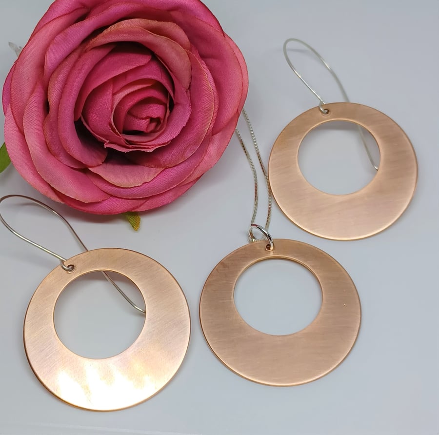 Polished Copper and Sterling Silver Cut Out Disc Statement Necklace and Earring 