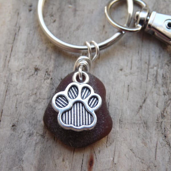 Amber Cornish Sea Glass with Paw Print Charm Bag Charm Keyring K587