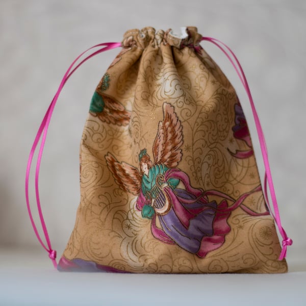 Reusable  Lined Cotton Fabric Angel Drawstring Gift Bag