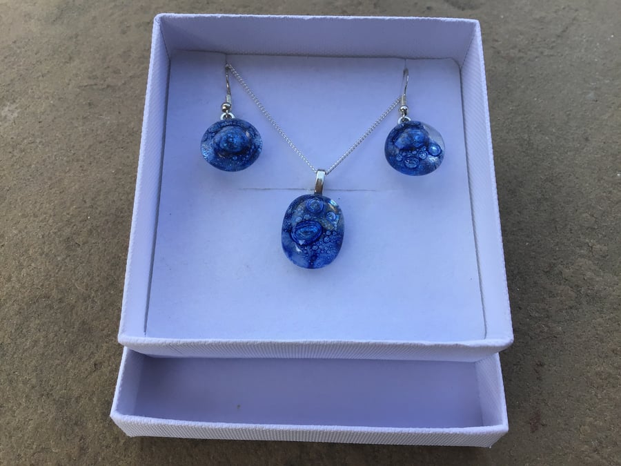 Fused glass and Stirling silver earings and necklace (SALE) 