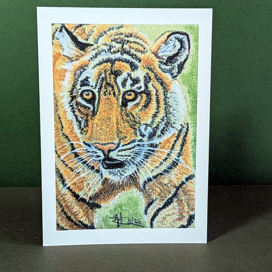 Tiger Portrait Art Card: Blank or Personalised A6-Size Greetings Card