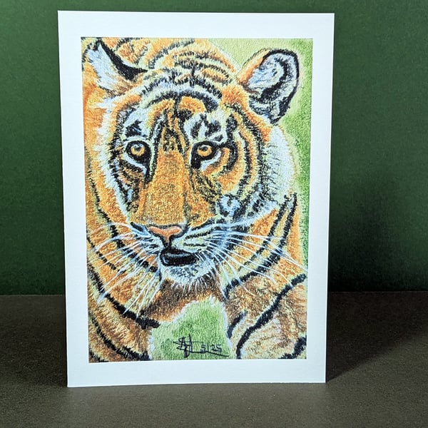 Tiger Portrait Art Card: Blank or Personalised A6-Size Greetings Card