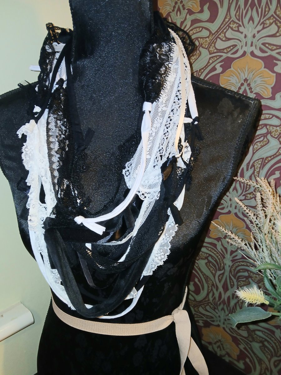 Handmade upcycled Gothic Boho infinity scarf accessory Scissorhands Monochrome