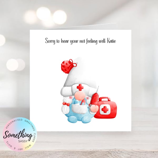 Personalised Sorry you're feeling ill Gnome Card  -choose Male and Female Gnome