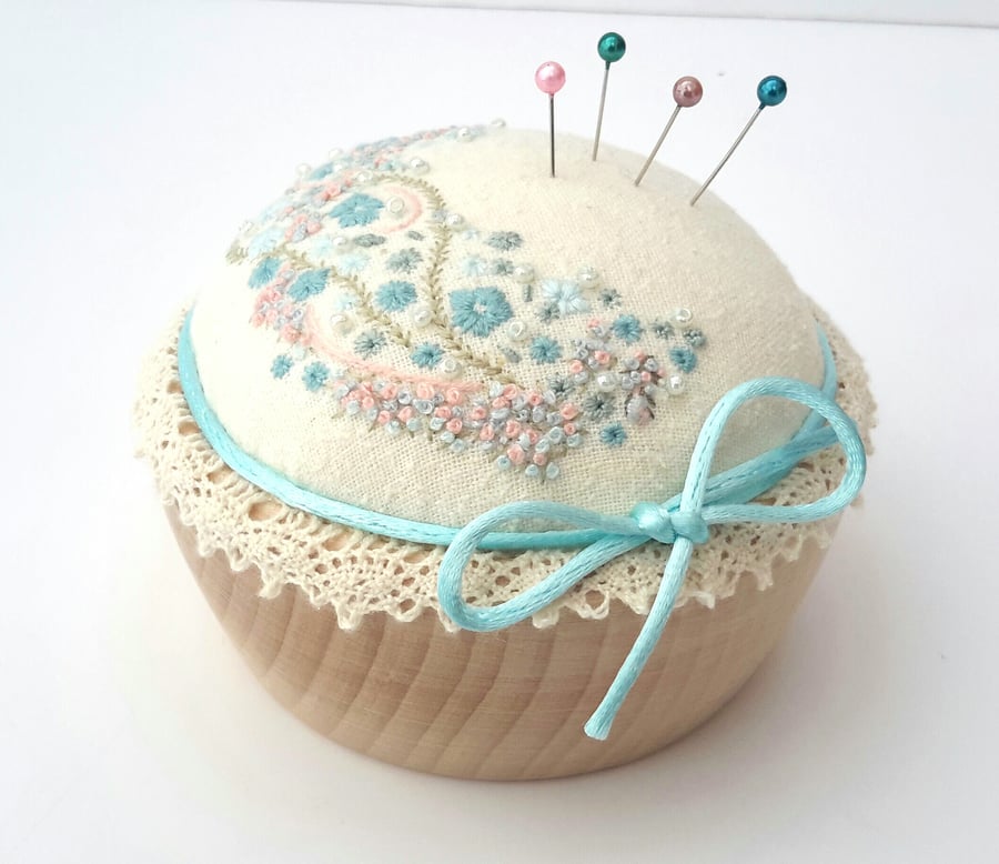 Hand Embroidered Unique Pin Cushion, Hand Sewn Floral Pincushion in wooden bowl