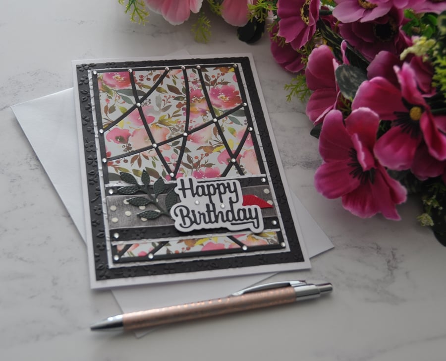 Happy Birthday Card Modern Pink Watercolour Flowers 3D Luxury Handmade Card