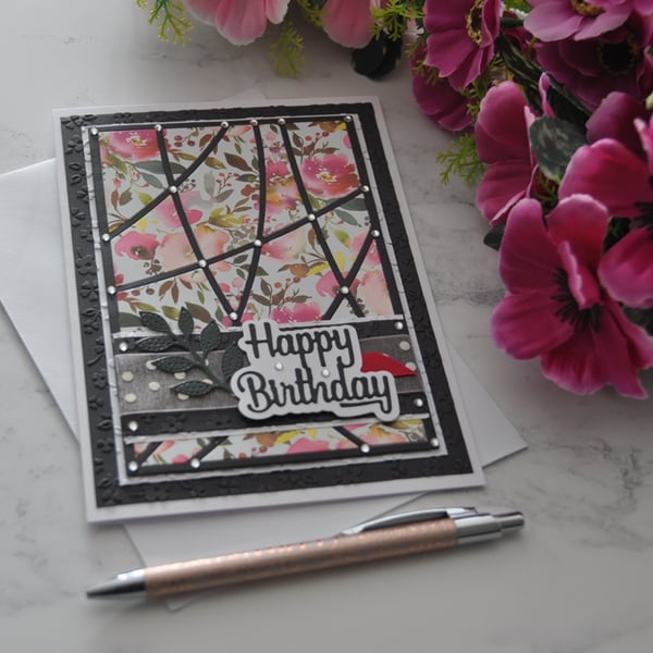 Happy Birthday Card Modern Pink Watercolour Flowers 3D Luxury Handmade Card