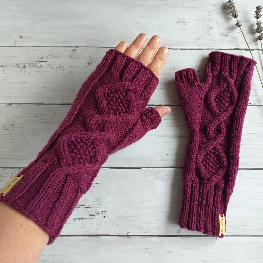 Cable Stitch Fingerless Gloves for Women, Hand Knitted Wrist Warmers
