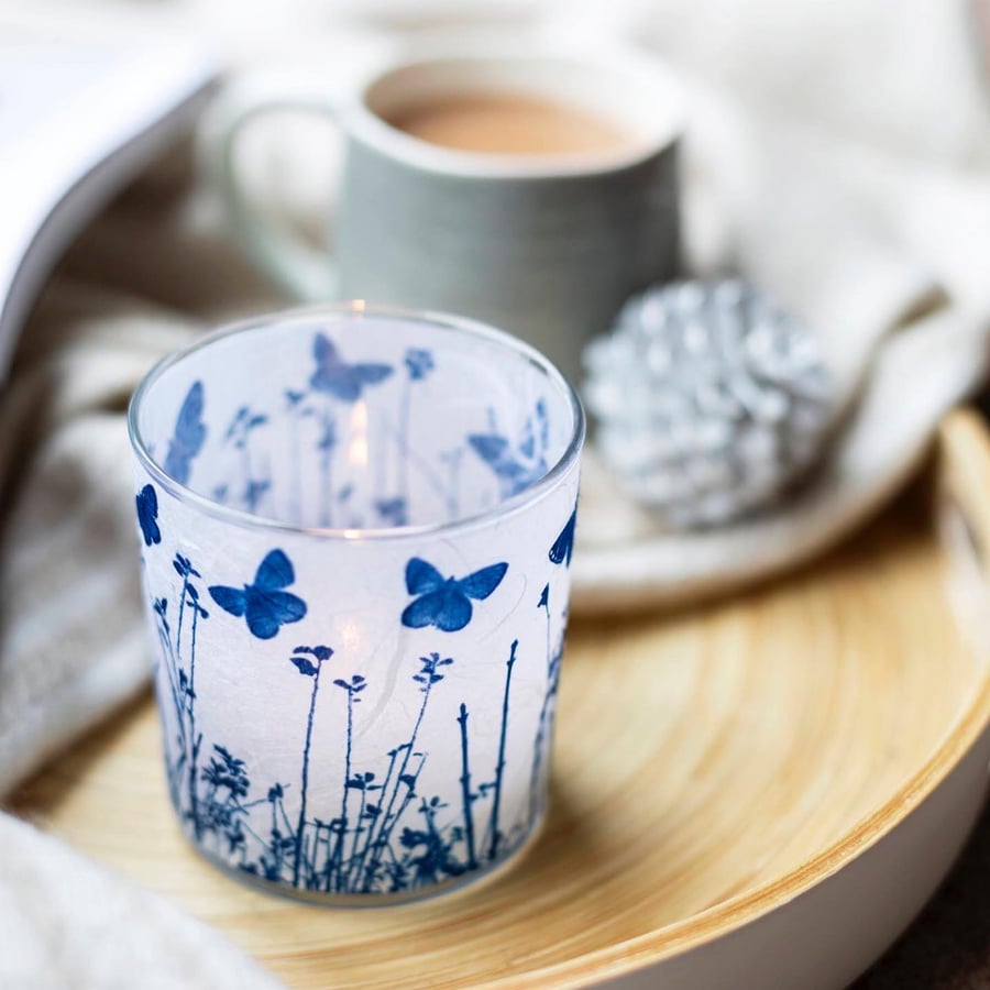 Butterfly Meadow Cyanotype candle holder white & blue, Nature inspired gift 