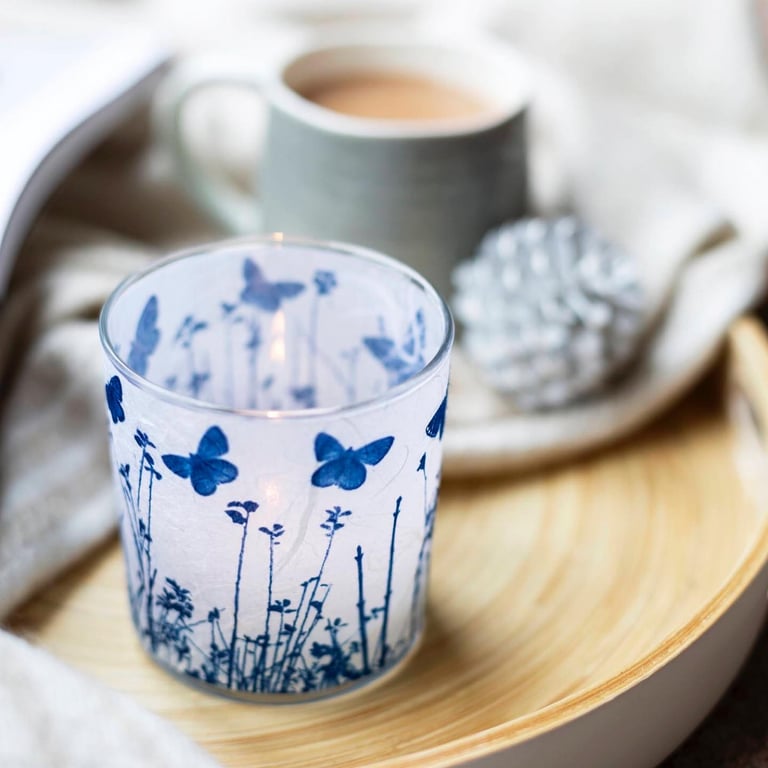 Butterfly Meadow Cyanotype candle holder white & blue, Nature inspired gift 