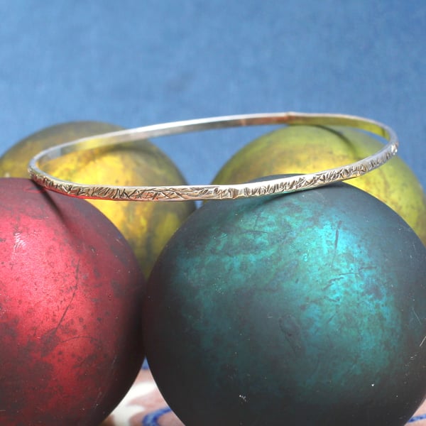Sterling Silver Hand Crafted Bangle - Intricately Textured Finish - Medium Fit