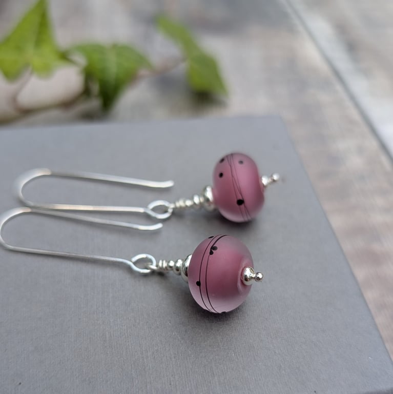 Sterling Silver Pink Scribbles Lampwork Glass Long Earrings - JBJ1121
