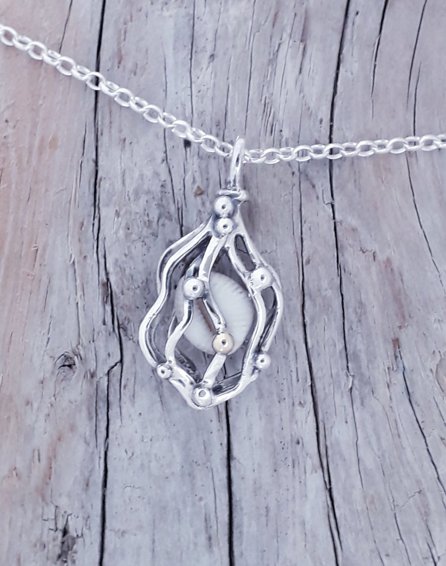 Seaweed Treasure Pendant with a real Cowrie Shell