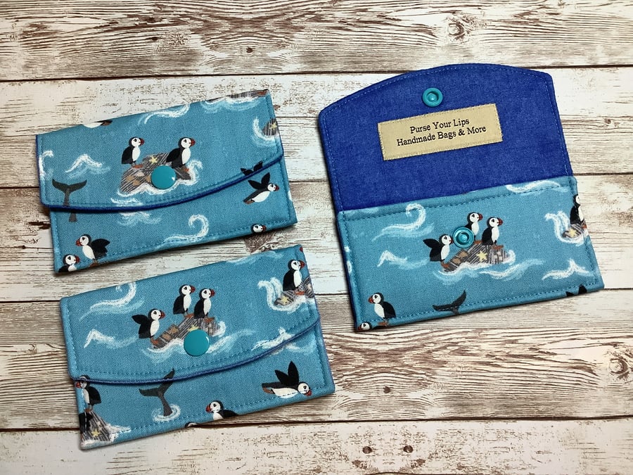 Puffins Business Card Case, Seaside travel pass holder wallet, Fabric purse
