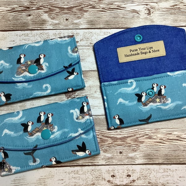 Puffins Business Card Case, Seaside travel pass holder wallet, Fabric purse