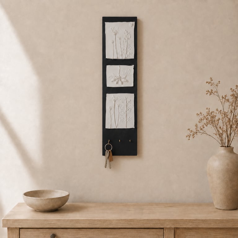 Botanical Plaster Relief Key Holder, Handmade Wood Wall Art, 3 Brass Hooks