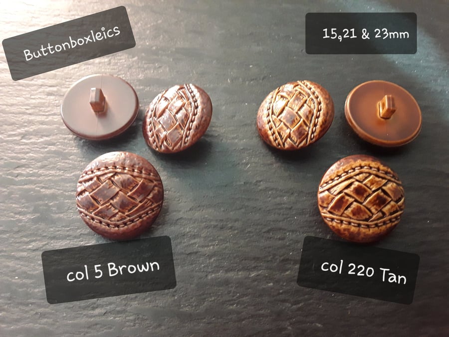 15mm, 21mm & 23mm Italian Sprayed Leather look buttons in 2 Colours