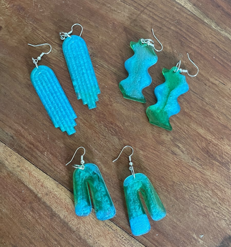3 Pairs of Blue and Green Earrings