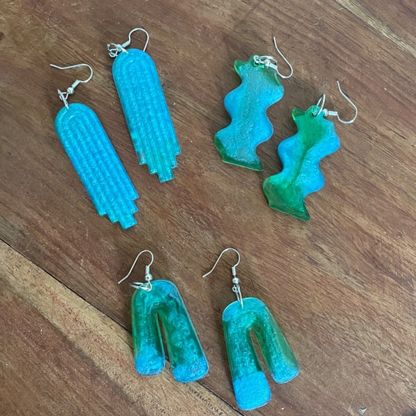 3 Pairs of Blue and Green Earrings