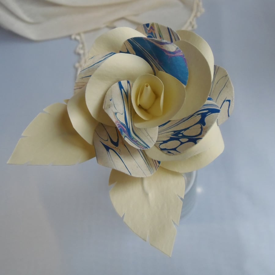 Marbled Paper Single Stem Rose Blue and Ivory
