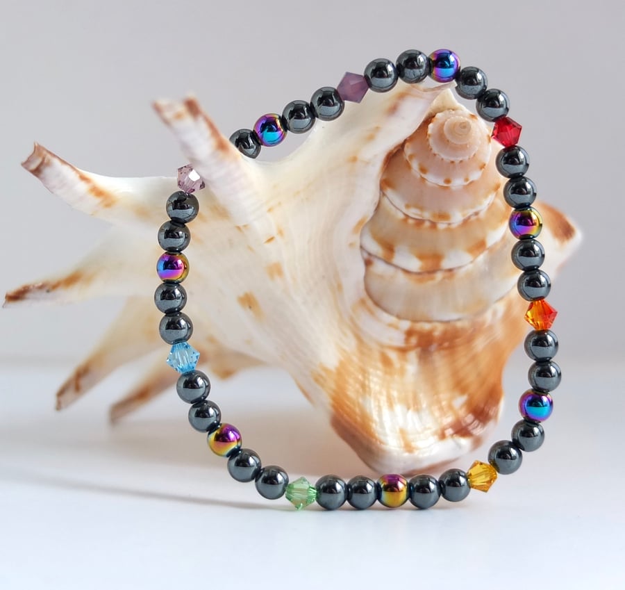 Hematite and Rainbow Coloured Swarovski Crystal Bracelet - Free UK Delivery.