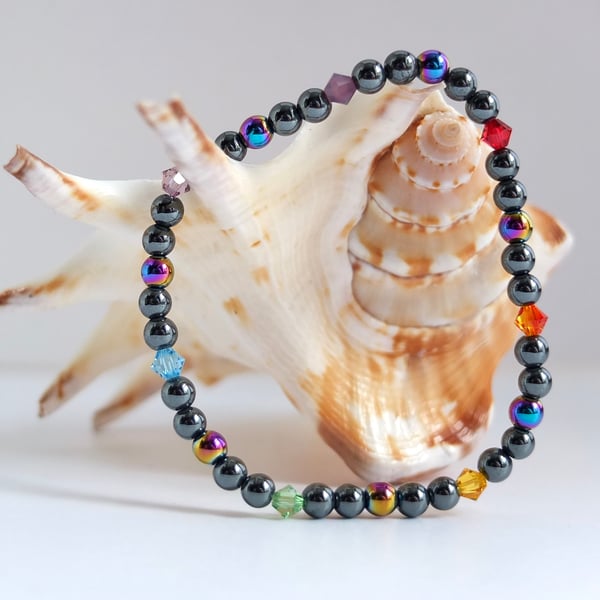 Hematite and Rainbow Coloured Swarovski Crystal Bracelet - Free UK Delivery.