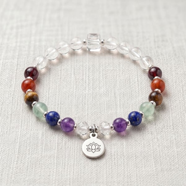 7 Chakra Crystal Bracelet, Traditional Chakra Stones, Personalised Engraved Gift