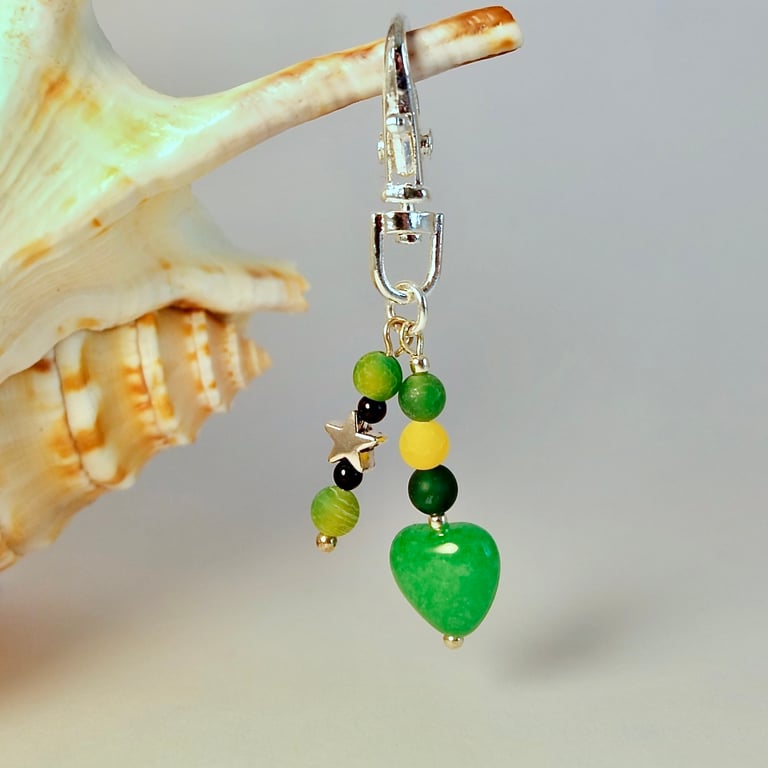 Jade & Agate Heart Bag Charm, Birthday, Anniversary, Mothers Day, Valentine Gift