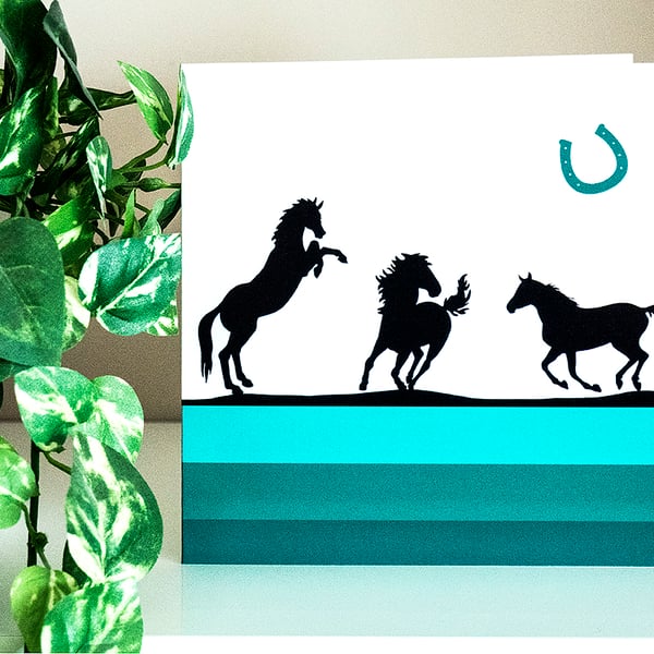 Horses Blank Greetings Card 6 inch square wild galloping prancing stallions 